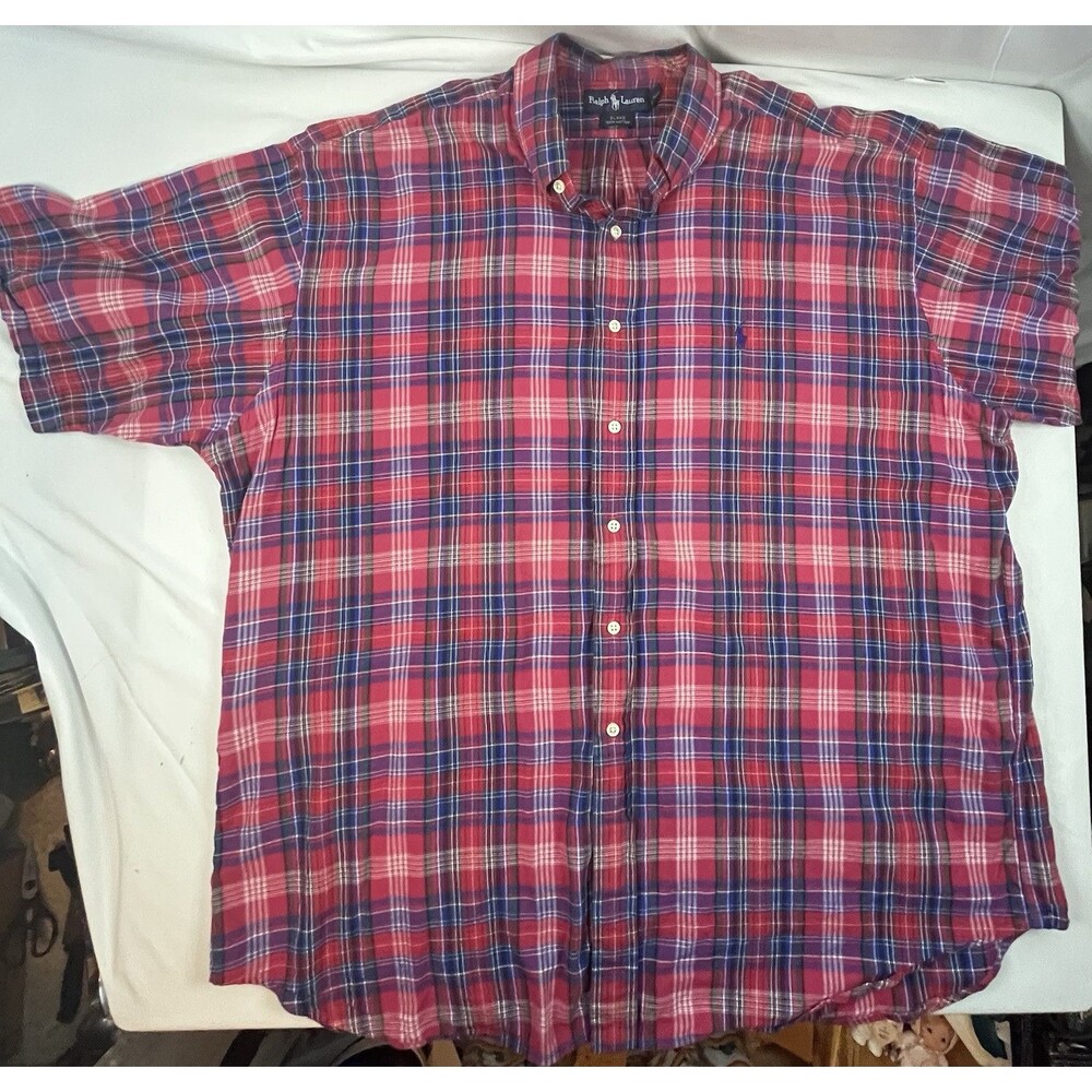 Polo Ralph Lauren Shirt Mens 2XL XXL Red Pink Purple Madras Button Up Blake VTG